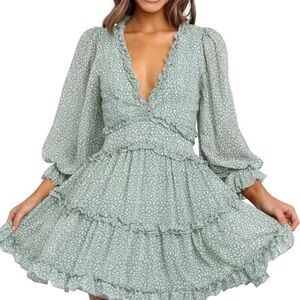 Dokotoo Womens 2024 Spring Summer Deep V Neck Ruffle Floral Flowy Mini Dress